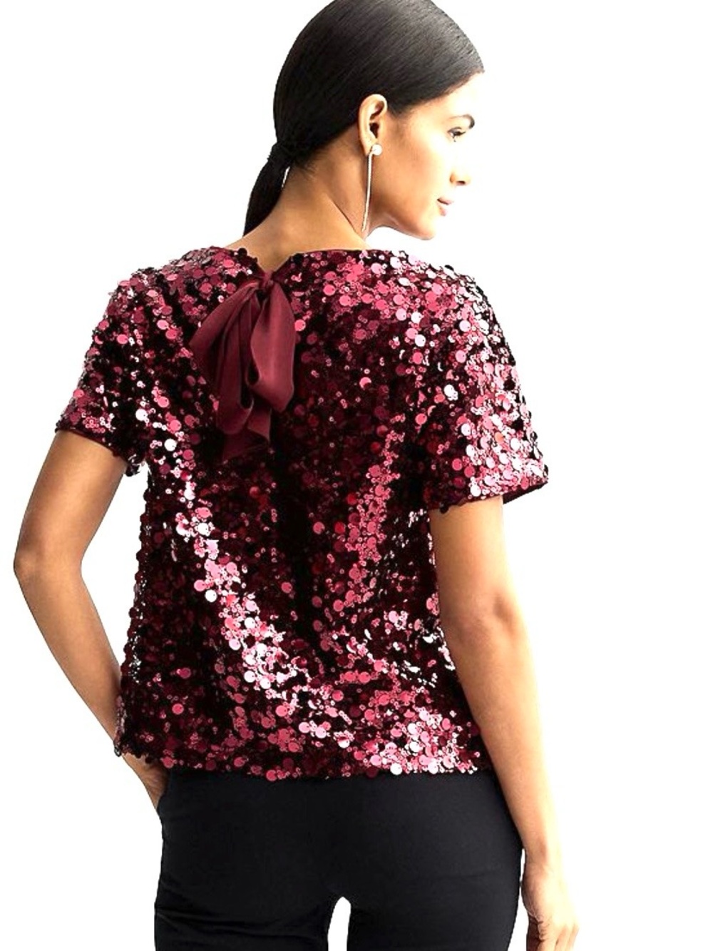 Nine West Burgundy Sequin Top Women’s Sz M Short Sleeve Blouse Party Top
